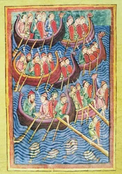 Angliában partra szálló vikingek a migráció második hulláma alatt (vellum)
