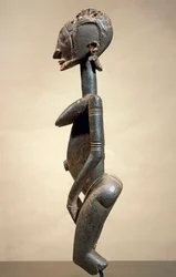 Fa és fém szobor, a ferde szemek mestere, magassága 59 cm, dogon törzsi művészet Mali