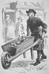 Egy osztriga férfi New Englandben árulja áruit a 17. században (litho)