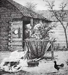 Mezőgazdasági jelenet - egy nő a mosókádnál, J. S. Hodgson illusztrációja után (litográfia)
