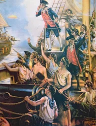 „Még nem kezdtem el harcolni” – kiáltja Jones dacolva Bonhomme Richard hajójáról a HMS Serapisnak, 1779. szeptember 23. (színes litó)