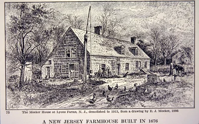 New Jersey-i parasztház 1676-ban épült, E. J. Meeker (litho) 1886-os rajza alapján