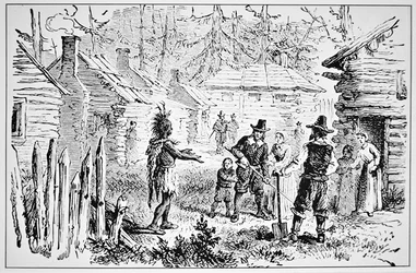 Samoset, a Pemaquids főnöke 1621-ben meglátogatja a zarándokatyákat (litho)