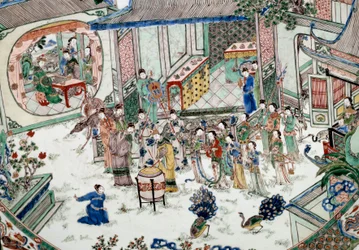 Kínai művészet: hagyományos parti koncerttel. Porcelán festmény. 18. század. Párizs, Guimet Múzeum, Ázsiai Művészeti Nemzeti Múzeum