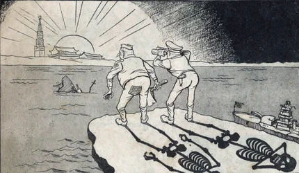 MacArthur tábornok csontvázárnyékával, amint a Kínai Népköztársaság ikreit nézi. Karikatúra, a „Szatirikus rajzok”-ban, Peking