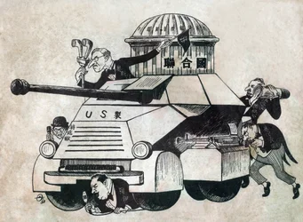 "Made in U.S." fegyvertartály az állandó tagok (Franciaország, Anglia, Egyesült Államok, Szovjetunió és Kína) vezetésével Karikatúra, in "Szatirikus rajzok", Pekin