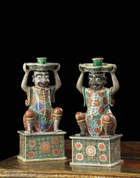Pár export famille verte gyertyatartó, Kangxi