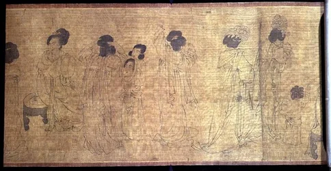 Palace Ladies at Leisure Handsroll, részlet a kimenni készülő hölgyekről, Wen-chu Chou eredetije (fl.970) Southern Sung korszak, 1140 körül (tinta és pigment a selymen) nyomán (lásd még: 114250)