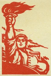 Egy kínai forradalmár portréja lánggal és Mao elnök (1893-1976) Vörös Könyvével a Kínai Népköztársaságban. Propagandaillusztráció, in: "Manuel pour bien drawing", Pekin.