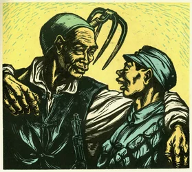Li Hwa két generációja, az öreg paraszt és a fiatal katona. Fametszet, a "Woodcuts of war-time China 1937-1945" című kötetben, Sanghaj.