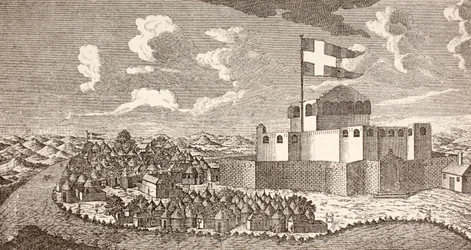 Fredensborg dán gyarmati erőd, Ningo, Ghána, ahogyan 1760-ban volt, az "Afrika, dets Opdagelse, Erobring og Kolonisation" című, 1901-ben Koppenhágában kiadott könyvből (litográfia).