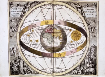 Ptolemaioszi, geocentrikus, Föld-központú világegyetemi rendszer, a Nap, a Hold és a bolygók helyzetével, Andreas Cellarius "Harmonia Macrocosmica" című művéből, Amszterdam, Amszterdam.