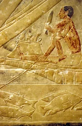 Ókori Egyiptom, Mastaba/Tomb of Idout, Szakkara, Halászok ülnek a csónakokon, halat pikkelyeznek (fotó)