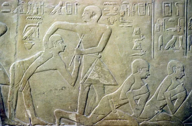Ókori Egyiptom, Relief, Falusi vének kénytelenek beismerni hibás adóbevallásukat a hivatalnokoknak, Merereuka sírja, 6. din (fotó)