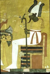 Ókori Egyiptom, falfestmény Inherkhau sírja, Théba, Osiris ül az áldozati asztal előtt, 20. dinasztia (fotó)