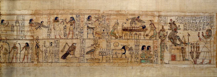 Az ókori egyiptomi művészet mitológiai papirusza Serimen. Tetején: Serimen szereti Ozirisz istent, akit Abydos városában jelképez. A halottak lelke madár alakban átrepül a múmiája felett, Ízisz (balra) és Nephtisz (jobbra) istennők szemében.