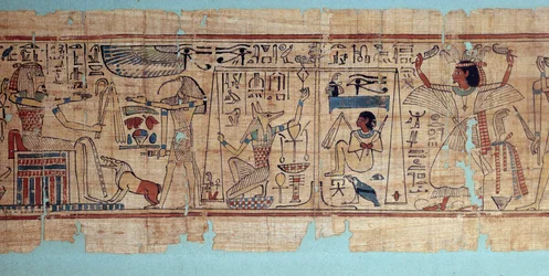 Egyiptomi antikvitás: Neskapashouty mitológiai papiruszának részlete, Ámon padlása szemcséinek könyvelője. Anubisz mérlegeli az elhunyt szívét (lelkét). 21. dinasztia