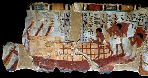 Egyiptomi antikvitás: falfestmény Ounsou thébai sírjáról: búza szállítása vízen, freskók sorozata szántásról, ültetésről, aratásról, kévék szállításáról, valamint gabonák kiültetéséről és leválasztásáról. Thutmosis reg. (Tuthmosis vagy Thutmu