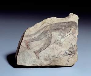 Egyiptomi ókor: ostrakon (vagy ostracon) (többes szám: ostraca vagy ostraka) (kerámia) alak: duplafuvolán (aulos) játszó majom, hogy táncra késztesse az embert. Kő mészkőben. 19. dinasztia (kb. 1295-1186). Deir el-Medineh (el Medineh) helyéről. V 0,14x0,1