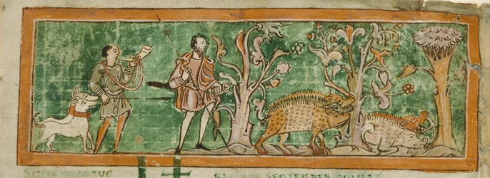Cotton MS Tiberius B V/1 f.7 Legelő sertések, angolszász miscellany (vellum) gyűjteményből