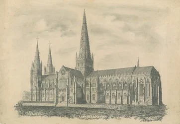 Lichfield katedrális – délkeleti nézet: metszet, és [?19. század] (nyomtatás)