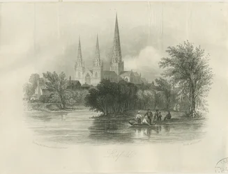 Lichfield katedrális – délnyugati nézet: metszet (matricás), nd [c 1842] (nyomtatás)