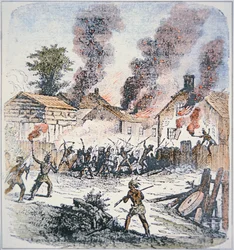 A nipmuc indiánok 1675 augusztusában megtámadják Brookfield települést, Massachusettsben (színes metszet)