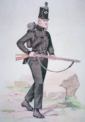 A 95. puskák közkatona, 1810 körül, a londoni Ezekiel Baker által tervezett Baker puskával (színes litó)