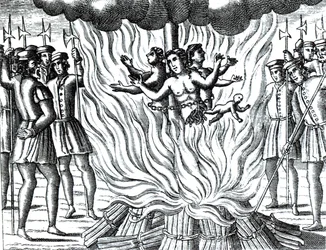 A máglyán elégetett három guernsey-i vértanú beszámolója John Foxe (1516-87) "Acts and Monuments" című művének kiadásából (metszet).