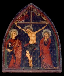 Art France, Középkor: keresztre feszítés. Festmény fára Sauvagnatból, Puy de dome, Auvergne. Mérete: 1,45 x 1,22 m. Párizs, Musee De Cluny