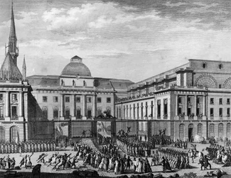 Francia forradalom: Párizs városháza, parlament 1790 novemberében a város szigetén Jean Baptiste Gaspard Bochart de Saron (1730-1794) elnökletével. Párizs, a Forradalomtörténeti Intézet könyvtára