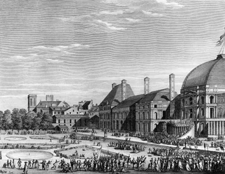 Francia forradalom: A legfelsőbb lény republikánus ünnepe 1794. június 8-án a Champs de Mars-on Maximilien de Robespierre (1758-1794) vezetésével. Párizs, a Forradalomtörténeti Intézet könyvtára