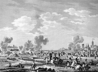 Francia forradalom és ellenforradalmi erők érkezése: a francia forradalmárok győzelme Jemmapesben 1792. november 6-án az osztrák hadsereg felett Belgiumban. Párizs, a Forradalomtörténeti Intézet könyvtára