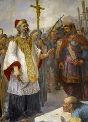 Szent Korentin elhelyezi a Cathedrale de Quimper 1. kövét Odet-ban Gralon Meur király jelenlétében, 435 - Morlaix templom festménye