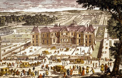 A Louis le Vau által 1658-1661-ben Nicolas Fouquet számára építtetett Vaux le Vicomte kastély látképe (színes metszet)