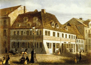 Robert Schumann zeneszerző születési helye Zwickauban, Szászországban (színes metszet)