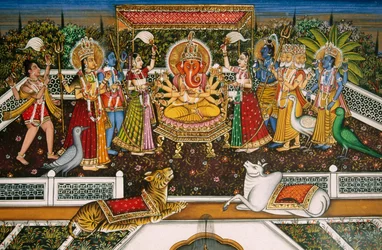 Lord Ganesh Ganpati Brahmával, Visnu, Shiva, Durga, miniatűr festmény papírra