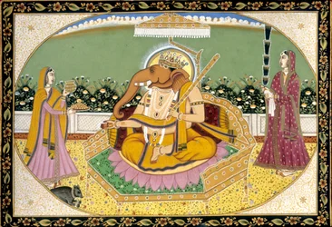 Lord Ganesh a Ridhi és Siddhi miniatűr festmény India