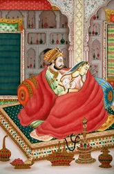 Festmény a mogul császár és felesége szerelmi jelenet, India