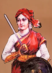 Rani Laxmibai Dzsanszi királynőjének portréja India első függetlenségi háborújának nagy szabadságharcosa Indiai lázadás 1857-58 (színes litográfia)