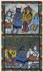 Shiva életet ad Ganesának (Ganesh vagy Ganapati), édesanyja, Parvati karjaiban, miután a harag karjába vágta a fejét. Pat: festett tekercs a bengáli régióból, narratív médiumként szolgál Baoul (vagy baul) zenészek számára. Leonard de Selva specia