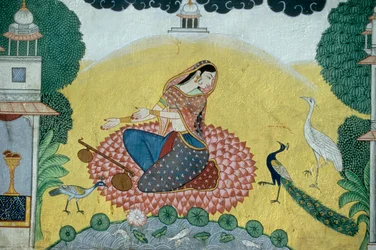 Nő Rudra Veena miniatűr festmény, India
