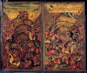 Csata jelenet. 17. századi indoiráni eredetű festmény. Dekoratív Művészeti Múzeum, Párizs