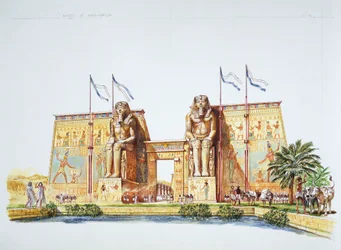 Az ókori Théba - III. Amemhotep, a Memnon kolosszusaiként ismert szobrok rekonstrukciója II. Ramszesz idején (színes litó)