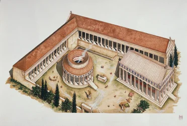 Ünnepi kör alakú tholosz és Aszklépiosz temploma, Epidaurosz, Kr.e. IV. század (színes litho)