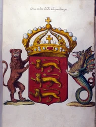 A brit királyi család címere koronát, „”””” oroszlánt és egy fantasztikus teremtményt díszít. Állami Levéltár, Milánó