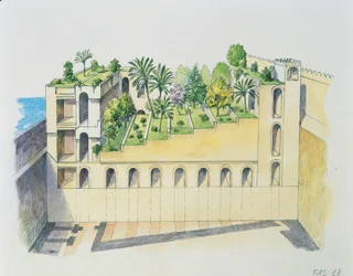 Nabukodonozor palota, Babilon, függőkertekkel (színes litho)
