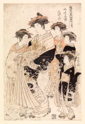 Öt japán nő (színes fametszet)