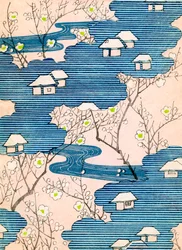 Pattern for a Kimono Design: Cottages with rivers and cherry blossoms, c.1900 (colour woodblock print)