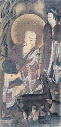 Fiatal szerzetest őzikével ábrázoló vallási festmény, selyemre festett festmény, japán civilizáció, Heian-korszak, 794-1185